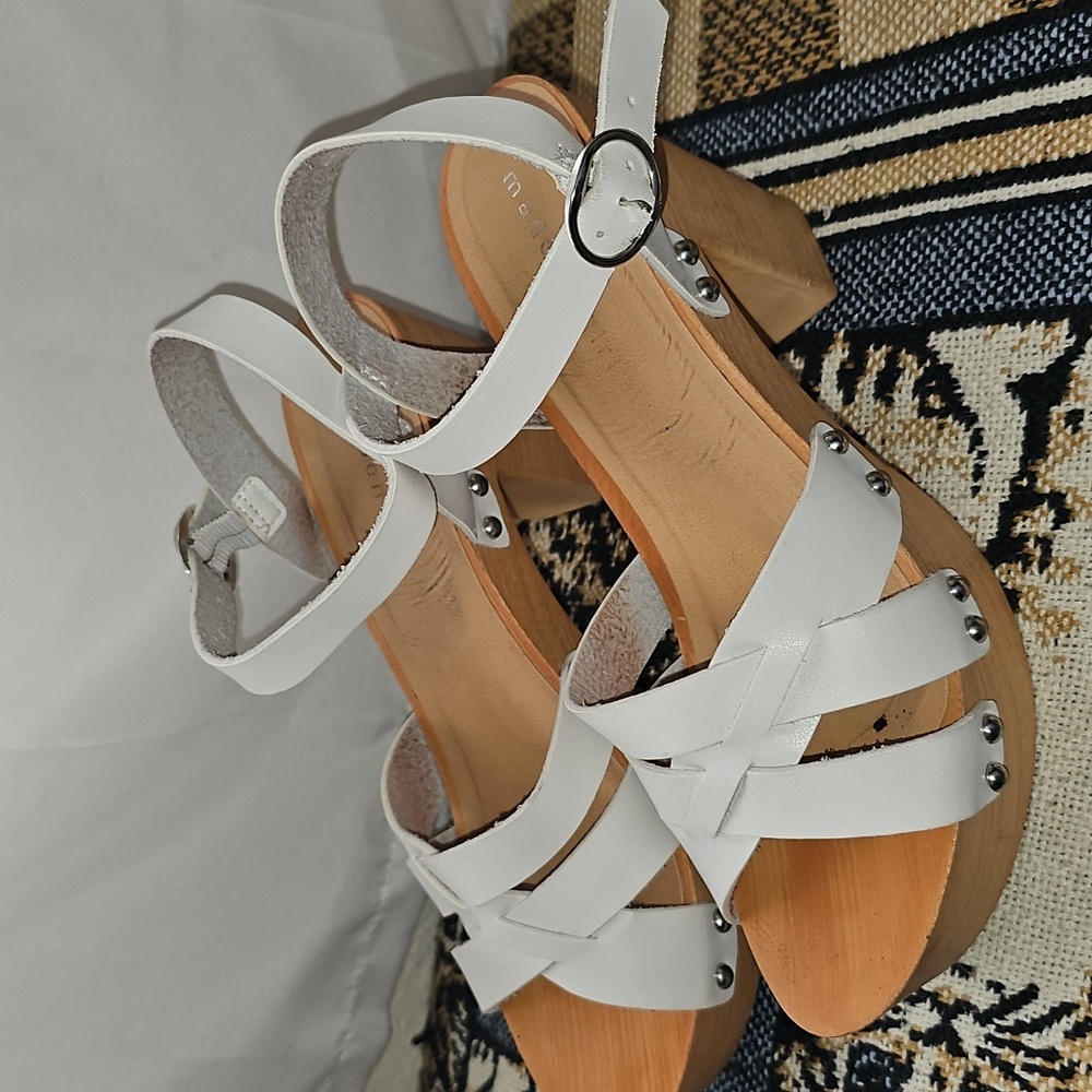 Madden Girl strappy heels white faux leather buckle closure